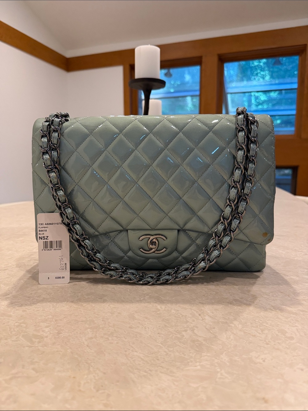 Chanel Seafoam Quilted Patent Leather Maxi Classic Double Flap